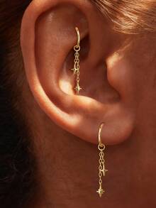 EleRunis 1PC 925 Sterling Silver Dainty Polar Star Dangle Rook Hoop Earrings Cartilage Helix Piercing Fine Jewelry For Daily Wear Wedding Party Valentine's - Gold - View 3