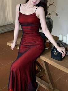 Women's Mesh Fitted Party Dress With Spaghetti Straps, Summer - Red - View 2
