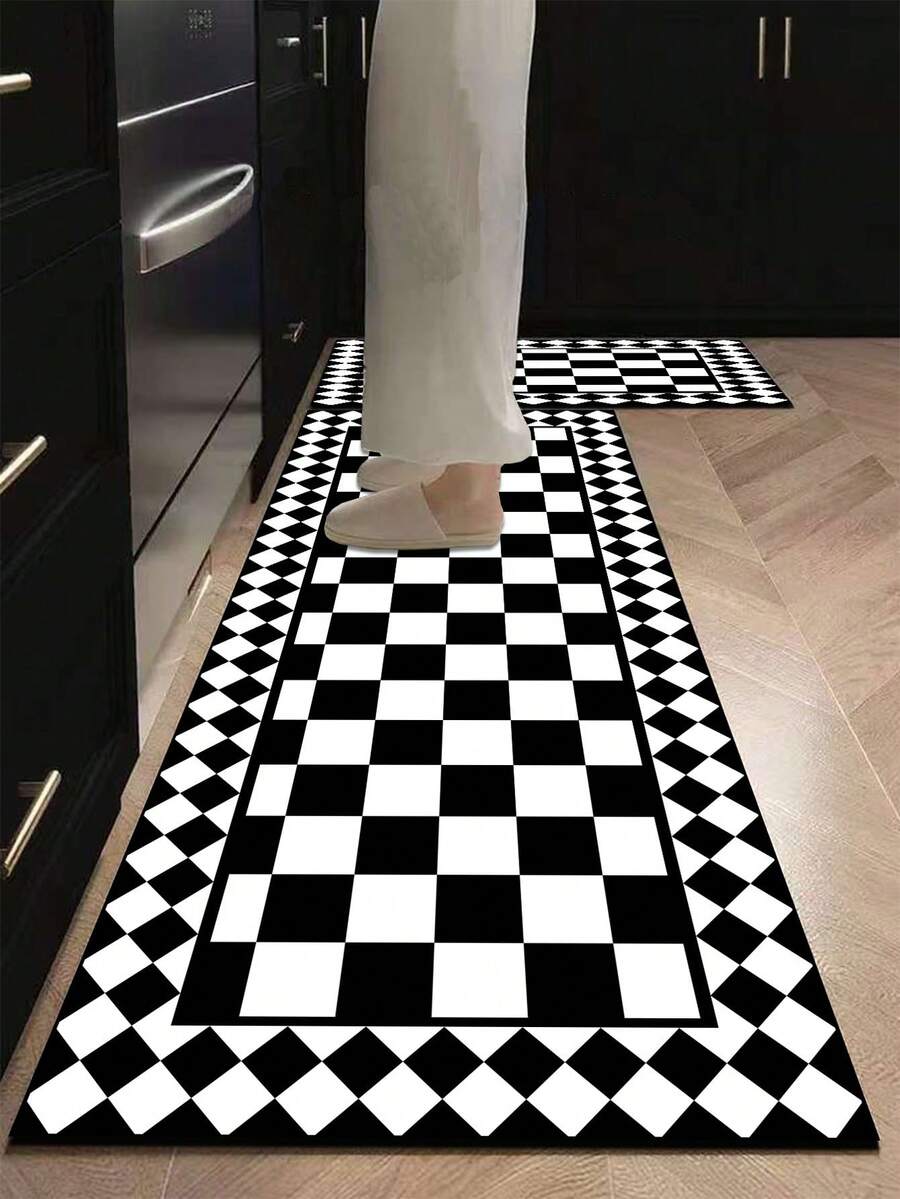 Vintage Black & White Checkerboard Pattern 3.5mm Kitchen Rug, Absorbent Non-Slip Cuttable, Entryway Mat Indoor Bathroom Mat, Covers Kitchen Bathroom Entrance Laundry Room Outdoor Garden - Multicolor - View 1