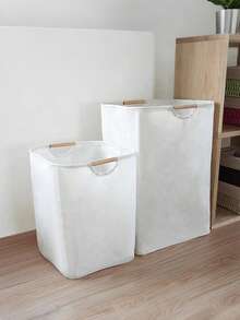 1pc Linen Dirty Laundry Basket, Foldable Fabric Storage Bin With Wooden Handle, Large Capacity Laundry Basket For Bedroom And Bathroom - Beige - View 3