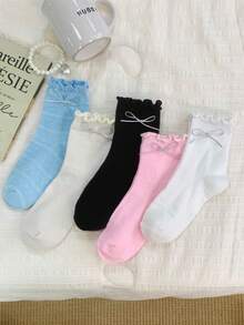 1/5 Pairs Spring/Summer Thin Breathable Lace Wire Bow Sweet Mid-Calf Socks - Multicolor - View 2