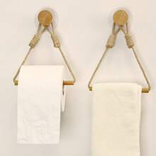 Rustic Hemp Rope And Wooden Stick Toilet Paper Holder - Wall-Mounted, Self-Adhesive, Decorative Bathroom Tissue Dispenser With Macrame Design, Toilet Paper Storage - Multicolor - View 3