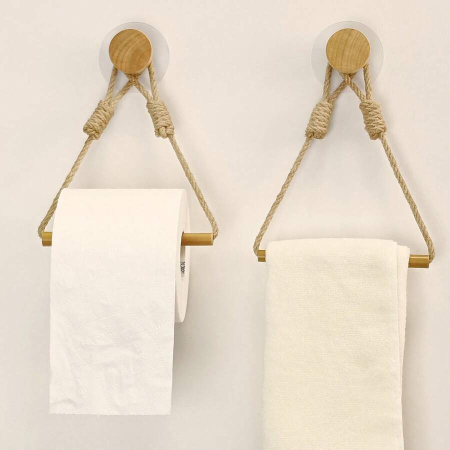 Rustic Hemp Rope And Wooden Stick Toilet Paper Holder - Wall-Mounted, Self-Adhesive, Decorative Bathroom Tissue Dispenser With Macrame Design, Toilet Paper Storage - Multicolor - View 1