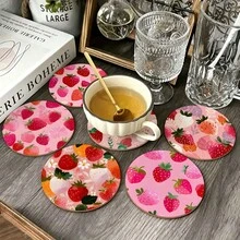6入草莓設計木製防滑杯墊，居家廚房裝飾配件，戶外園藝用品，適用各種節日聚會派對，聖誕禮物 - 多色/XY1222 - 查看 2