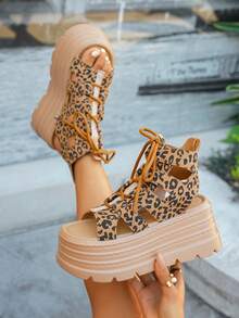 Women's Fashion Side Cut-Out Mid-Calf Open Toe Sandals, Criss-Cross Strap Design Comfortable And Breathable, Ultra-High Platform Sandals Minimalist Style Versatile For Outings And Commuting Solid Color Fabric Sandals - Leopard Print - View 6