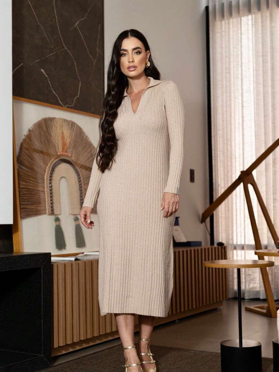 Vestido Tricot Midi Gola Polo Modal - Bege - Visão 1