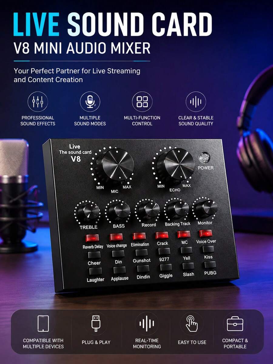 Live Sound Card Mini 音訊介面 播客混音器 - 500mAh 直播用 PC 電腦廣播播客製作工作室設備,完美適用於直播/播客/遊戲音訊混音器聲卡 - 查看 1