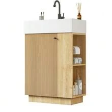 55cm Freestanding Bathroom Vanity Unit With Wood Grain Finish, High-Quality Ceramic Sink, Removable Toilet Roll Holder And Well-Designed Storage Space – Tap Not Included, Grey Color. - Natural Color - View 1