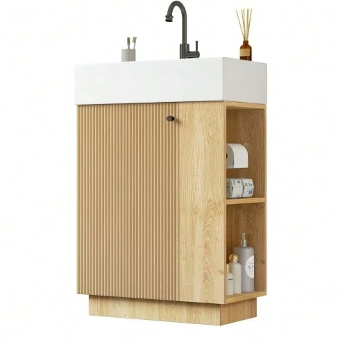 55cm Freestanding Bathroom Vanity Unit With Wood Grain Finish, High-Quality Ceramic Sink, Removable Toilet Roll Holder And Well-Designed Storage Space – Tap Not Included, Grey Color. - Natural Color - View 1