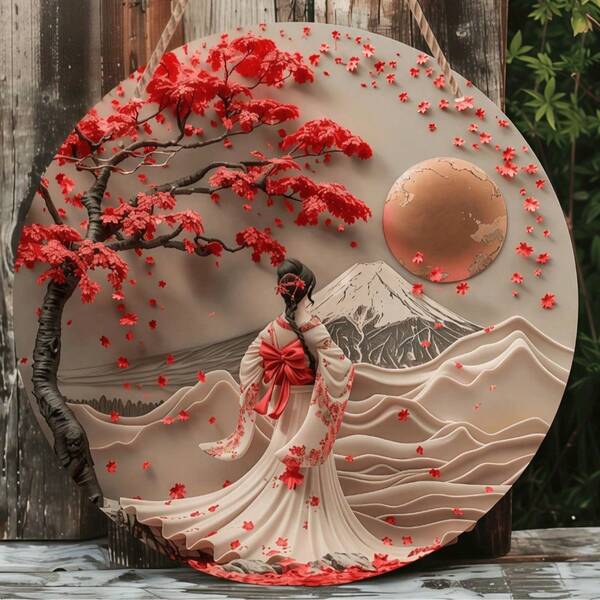 2D Wooden Japanese Geisha Wall Decor Cherry Blossom Mount Round Hanging Ornament