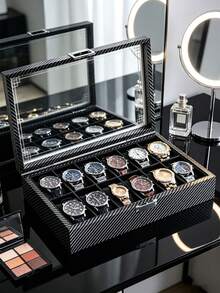 2/3/6/10/12 Slots Carbon Fiber Texture Multi-Grid Watch Storage Box, Transparent Visible Dust-Proof Watch Display Box, Large Capacity Watch Storage Box For Home Vanity, Travel And Watch Collection - Multicolor - View 12