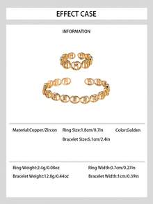 1 Set Exquisite Geometric Zirconia Open Bangle & Ring Set, Suitable For Women's Daily Wear, Holiday Gift - Yellow Gold - View 2