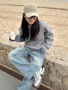 Women's 2 In 1 Plaid Patchwork Long Sleeve Sweatshirt, Loose Casual Collared Top - Grey - View 2