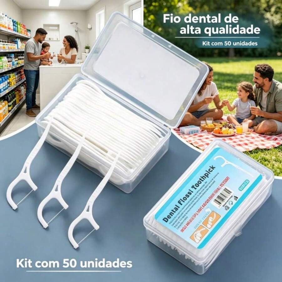 Fio Dental Em Formato De Arco Ultra Fino Kit Com 1 caixa (50 unidades) 1Polietileno Durável Limpeza Dentária Completa - Branco - Visão 1
