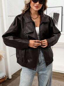 Women's Casual Fashion Black Leather Jacket Long Sleeve High Neck Loose Fit Outerwear Autumn Street Style - Coffee Brown - View 4