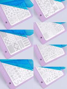 7Pcs Nail Stamping Plates Set With Pink Alloy Buckle, Stainless Steel Nail Art Template With Cherry Blossom Plaid Check Lace Mesh Heart Bow Music Note Pattern, Sweet Y2K Girly Nail Stamp Plate With Metal Rings For Salon DIY Manicure Accessories - Multicolor - View 9