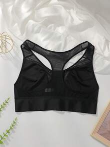 1pc Plus Size Front Closure Mesh Racerback Wireless Bra, Wide Y-Shaped Straps, Fixed Padding, Women's Support Tank Top Style Bra - Black - View 6
