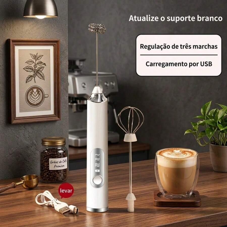 Batedor De Ovos E Espumador De Leite Mixer Elétrico Sem Fio Recarregável USB 3 Velocidades Aço Inox - Branco - Visão 1