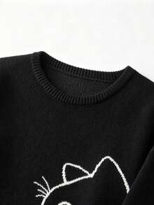 Black Round Neck Line Cat Knitted Sweater Casual Lazy Pullover For Both Men And Women - Black - View 4