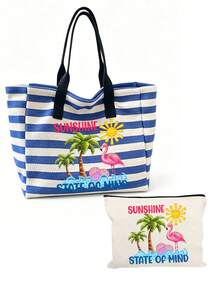 Large Capacity Blue & White Striped Beach Tote Bag, Summer Theme "SUNSHINE" Print, Foldable Canvas Shoulder Bag, Waterproof & Sandproof Travel Bag, Suitable For Summer Essentials, Perfect For Beach Trips, Swimming, Shopping And Daily Use, Ideal For Women, Travelers And Beach Lovers, Great For Spring Break, Easter, Vacation And Gifts, Can Be Used As Beach Bag, Shopping Bag And Travel Companion, Back To School Gift - Multicolor - View 15