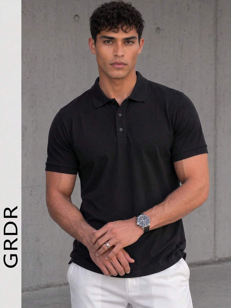 GRDR 1pc Men's Casual Versatile Solid Color Short Sleeve Polo Shirt
