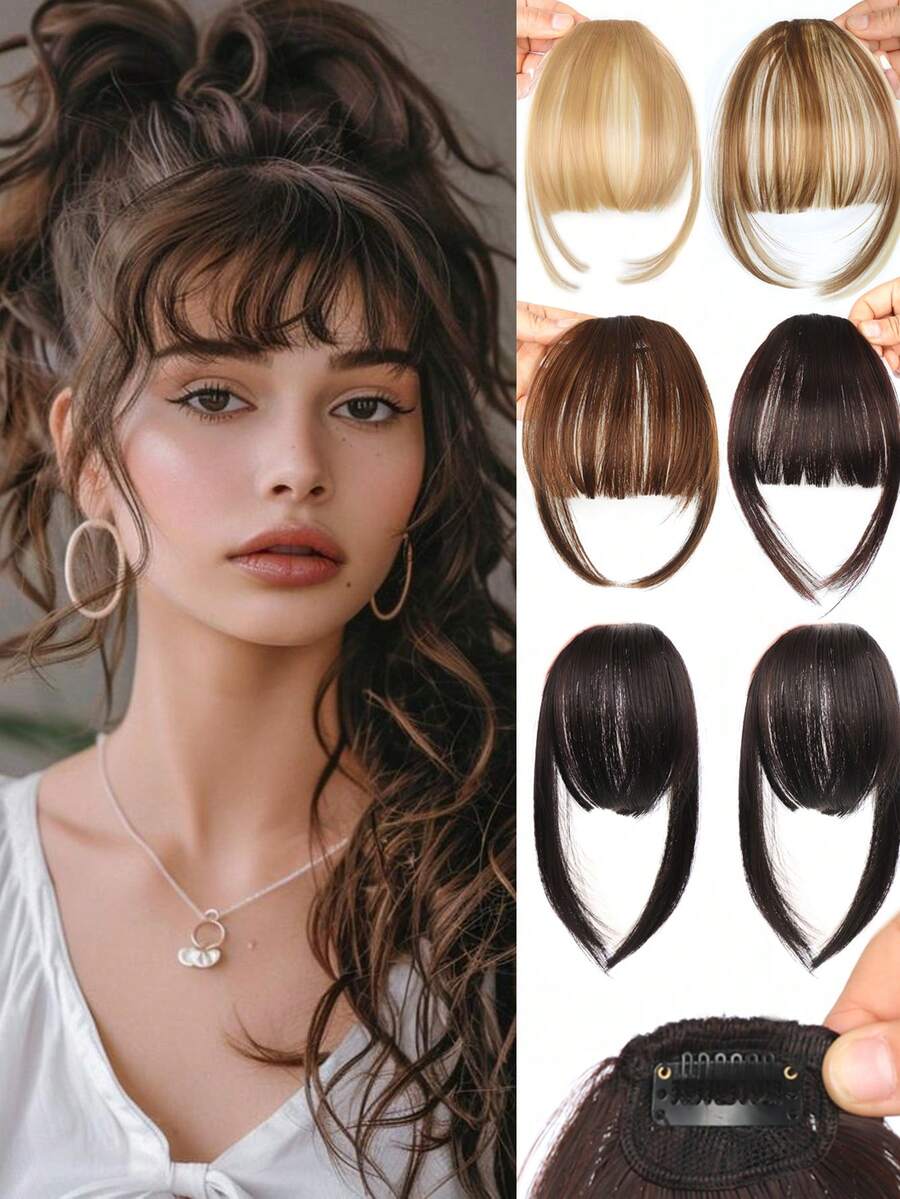 Synthetic Hair Clip-In Bangs Cut Wispy Fringe With Sideburns Dark Brown Natural Look For Women Daily Party Wear, Halloween