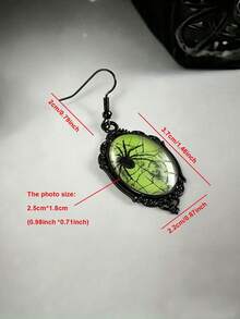 Spider Web Green Background Black Lace Design Oval Pendant Earrings, Casual Gothic Style, Halloween - Black - View 5