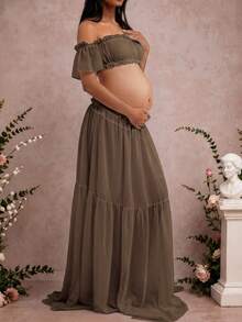 Maternity Strapless Ruffle Hem Dress, Chiffon Moderate Stretch Ruffle Detail Front Slit Ruffle Hem Maternity Photography Baby Shower Party Dress Fall - Brown - View 5