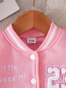 MYVLNA 2pcs/Set Baby Girl Pink & White Colorblock Baseball Jacket With Pink Pleated Skirt, Letter Embroidery & Number Patch, Bow Sleeve Decor, Striped Collar & Cuffs, Button Front, Sweet Preppy Style - Pink - View 3