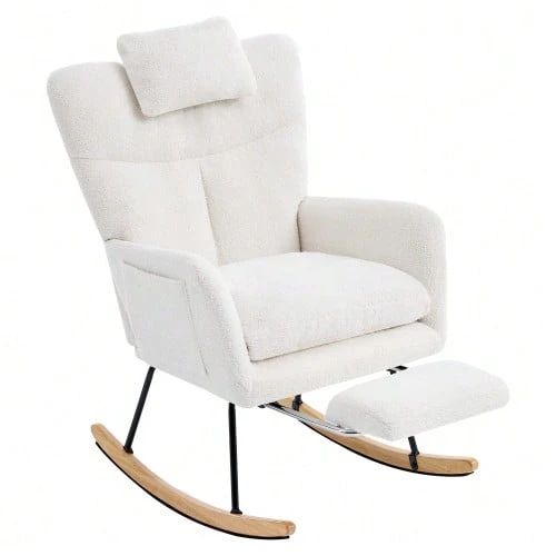 Modern Design: Rocking Chair, Rocking Chair With Footrest, Relaxation Chair, Reclining Chair, Lounge Chair With Armrests, Soft Velvet Upholstery, Load Capacity Up To 100 Kg. Suitable For The Bedroom, Living Room And Garden. - 白色1 - 查看 1
