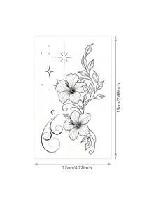 1pc Black Line Drawing Hibiscus Flower Vortex Star Vertical Long Strip Temporary Tattoo Sticker, Realistic Fake Tattoo Design, Suitable For Daily Wear, Bachelorette Party Favors, Music Festivals, Games, Graduation Gifts, Lasts 3-5 Days - Black - View 2