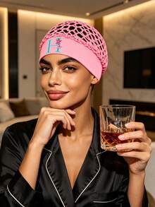 Floral Embroidered Letter Mesh Cap For Women - Personalized Initial Alphabet Elastic Wide Band Hair Bonnet, Crochet Hollow Out Night Sleep Hat - Pink - View 6