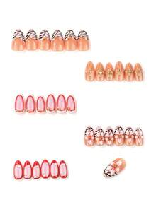 10Pcs Short Almond Press On Nails Nude Pink Base Zebra Stripe & Hand Painted Floral Design With Metal Rhinestone Charms Sweet Y2K Reusable False Nails For Daily Wear - Multicolor - View 3