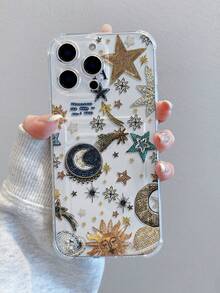 1 pieza Funda de teléfono TPU con ranura para tarjeta, patrón de pantalla completa de estrella, luna y sol, diseño creativo y personalizado, resistente a caídas, adecuada como regalo festivo, compatible con Apple 11 12 13 14 15 16pro/Promax/14 15 16plus/17/17pro, cubierta protectora de teléfono - Multicolor - Ver 2