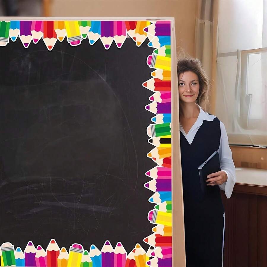 5m Pencil-Themed Bulletin Board Border Roll - Colorful Classroom Decoration Suitable For Back-To-School, Pencil-Shaped Border With Roll For Display Boards, Teacher Supplies, Student Workspaces, Bulletin Board Decorations For & Office - Multicolor - View 1