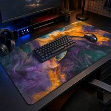 Purple & Gold Fluid Abstract Art Boat Large Gaming Desk Mat, Vortex Marble Colorful Fantasy Print Non-Slip Rubber Extended Mouse Pad, Waterproof Long Keyboard Mat, Gaming Computer Desktop Decoration - View 1