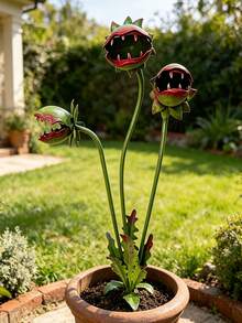 1/2 pezzi Cartelli decorativi divertenti per giardino a forma di carne, decorazione da esterno, scultura in metallo dipinto 3D a tre teste con fiori, rastrelliera per rampicanti da orto, vaso per fiori, cartelli decorativi per giardino e prato - convenzionale - Visualizzare 3