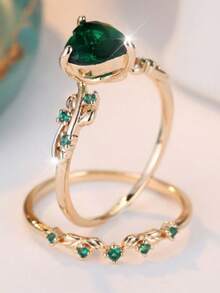 Gmzalx 2pcs Fashion Claw Set Green Heart-Shaped Cubic Zirconia Decorated Rings Set, Suitable For Women's Daily Wear, Wedding Jewelry, Bridesmaid Gift (The Heart-Shaped Cubic Zirconia Inlay Method Is Distorted) - Green - View 3