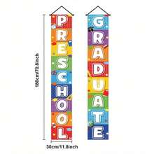 2pcs Preschool Graduation Banner, Rainbow Gradient Color With Graduation Cap, Book, Globe Pattern, Preschool Graduation Decoration, Graduation Ceremony Decoration, Classroom Door Hanging Decoration - A - View 3