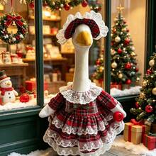 Christmas Goose Outfit For 23 Porch Goose Statue Plaid Print Lace Trim Dress With Attached Apple And Matching Hat Set - Multicolor - View 6