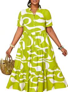 Blazique Plus Size Lime Green Abstract Print Chiffon Dress - Layered Ruffle Hem Casual Vacation Dress Summer Elegant - White Green - View 1