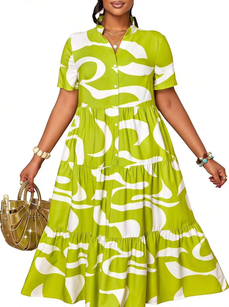 Blazique Plus Size Lime Green Abstract Print Chiffon Dress - Layered Ruffle Hem Casual Vacation Dress Summer Elegant - White Green - View 1