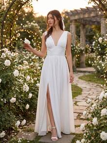 YUMIBRAVO Elegant Wedding Dress For Bridal, Long White Dress For Women, Dress For Destination Wedding,Formal Dress For Women Fall - White - View 3