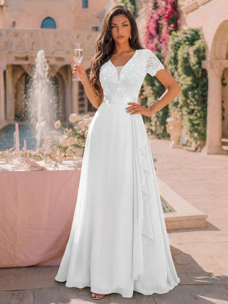 MIUSOL Deep V-Neck Sequin Lace Ruffle Trim Chiffon Formal Party Maxi Dress, Formal Evening Gown White Wedding Fall - White - View 1