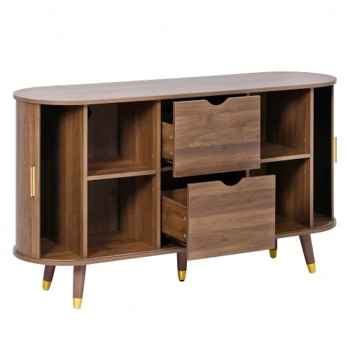 3-Piece Living Room Set, Coffee Table With Lift-Up Top, TV Cabinet, Sideboard, Sliding Doors, Vertical Ribbing, Wooden Feet, Gold Handles, Storage Space - Natural Color - View 1