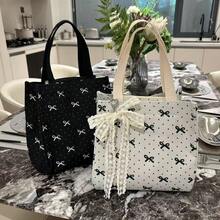 1pc/Women/Minimalist Style/Large Capacity/Fashionable Bag/Versatile Bag/Student Bag/Casual/Outing/Handheld/Commute/Lunch Box/Water-Resistant Bag/Canvas Material/Bowknot/ - View 1