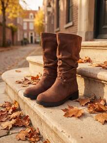1 Pair 2026 Girls' Round Toe Mid-Calf Stacked Chunky Heel Boots, Casual Autumn/Winter Daily School Outfit - Brown - View 1