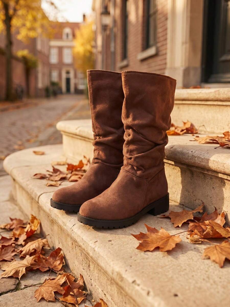 1 Pair 2026 Girls' Round Toe Mid-Calf Stacked Chunky Heel Boots, Casual Autumn/Winter Daily School Outfit - Brown - View 1