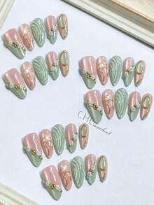 10pcs Pink Green Cat Eye Ombre Fake Nails With 3D Gold Bow, Small Flower Bead Inlay, Water Ripple Texture Press On Nails,Reusable Almond Shaped False Nails For Summer Wedding Daily Manicure - Multicolor - View 5