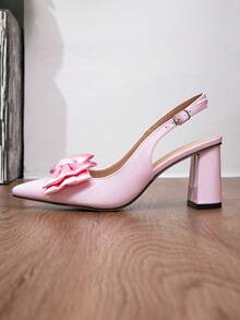 Fashionable Versatile Bowknot Super Soft Pink PU Chunky Heel Hollow Pointed Toe Women's High Heels - Pink - View 7